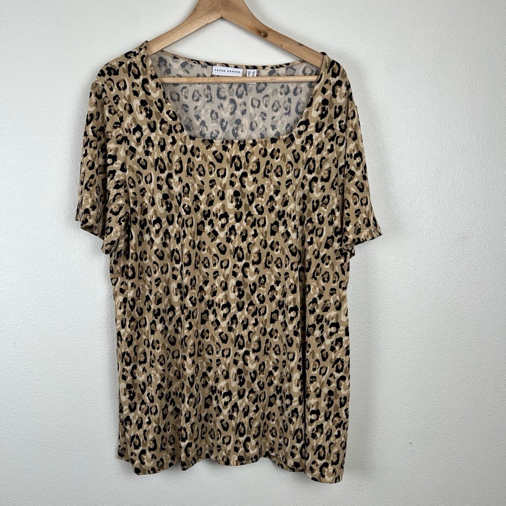 Susan Graver Blouse Womens‎ 1X Leopard Print Short Sleeve Square Neck Packable